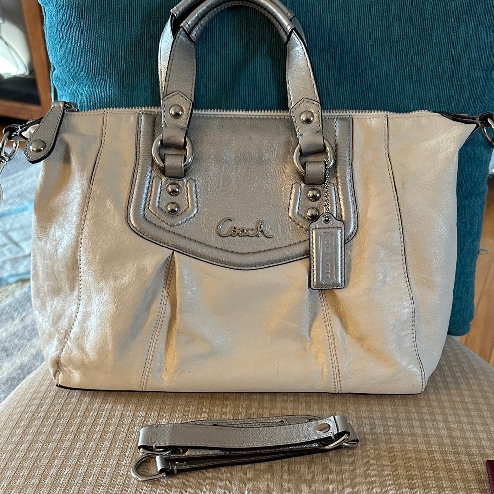 Coach Metallic Silver and Cream Satchel